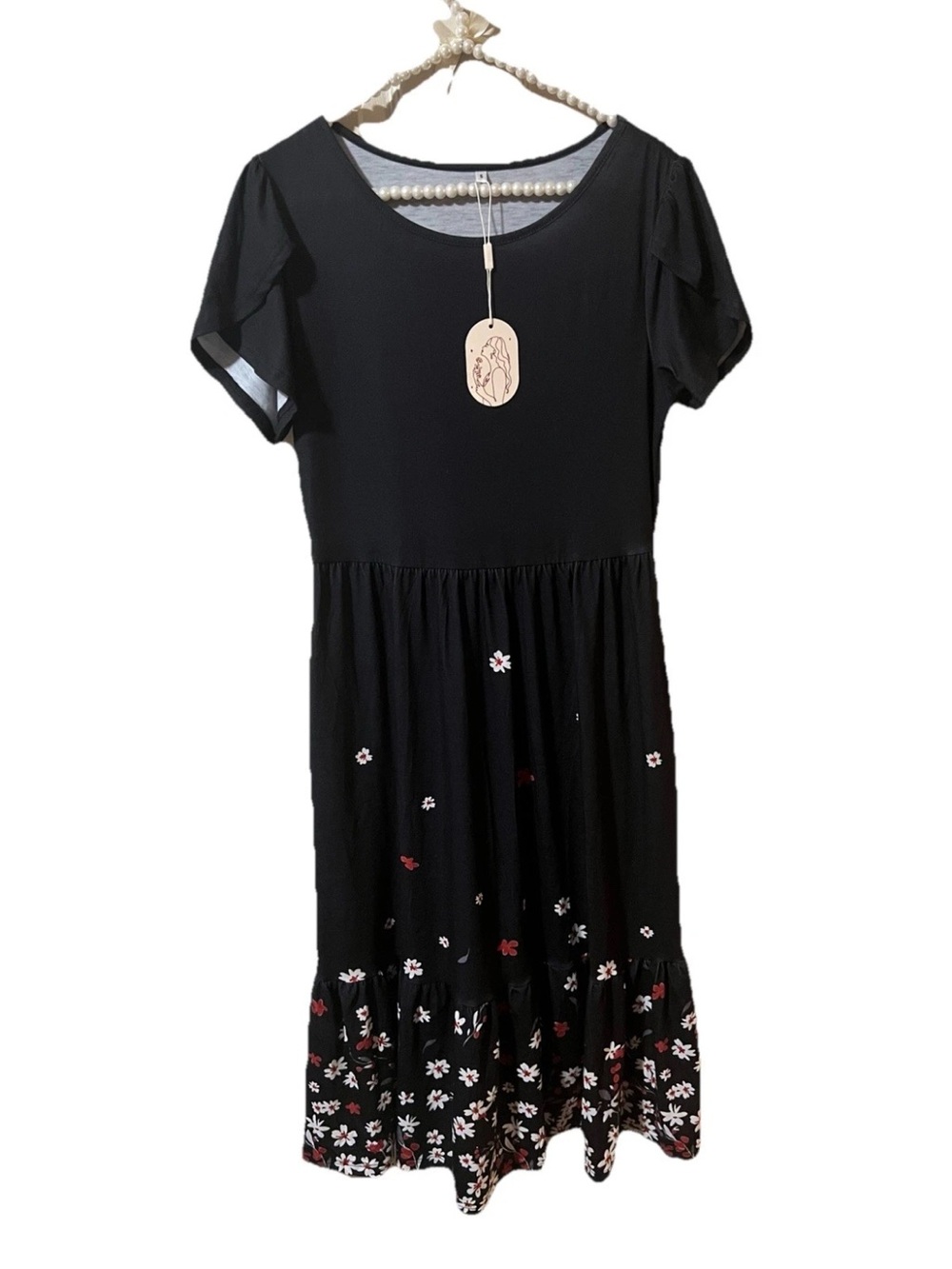 Women's Floral Black Midi Short Sleeve Pullover Dress Size Small NWT